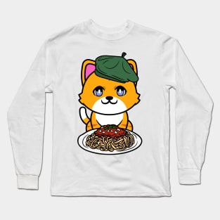 Cute orange cat eating spaghetti Long Sleeve T-Shirt